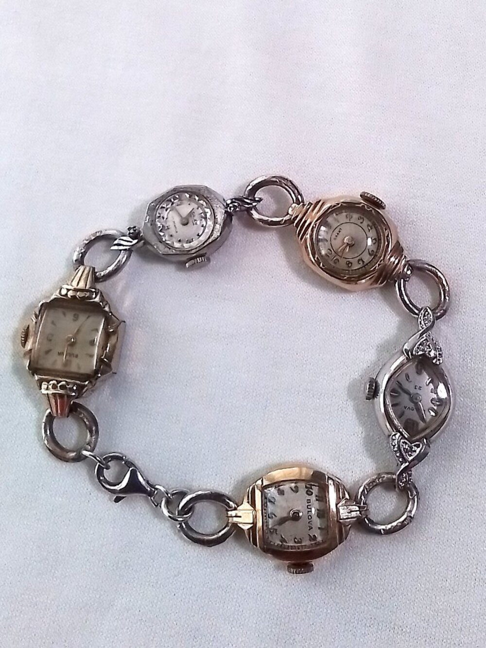 VTG LADIES GOLD/SILVER WATCH HEADS CHARM BRACELET 8" UPCYCLED ALTERED ART